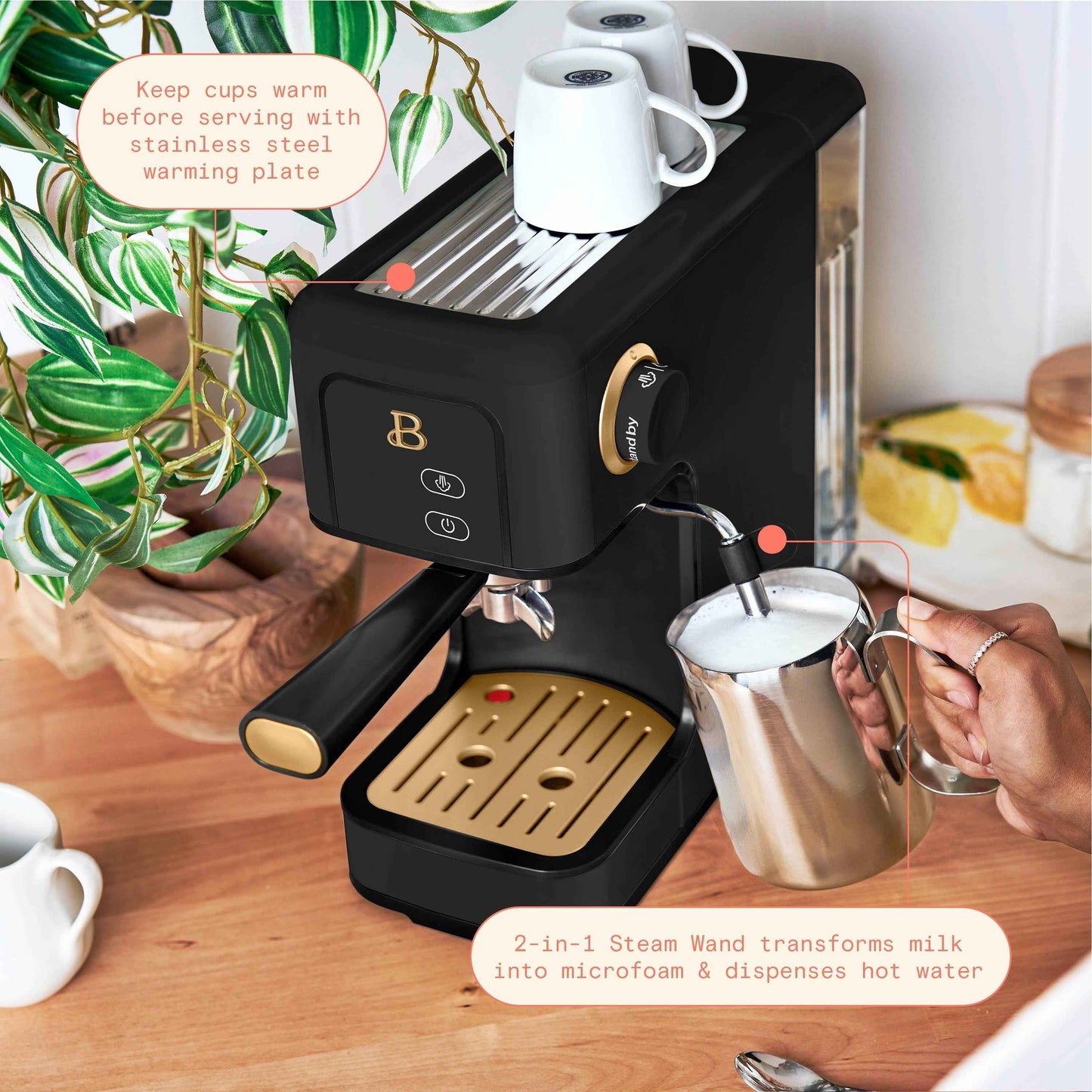 Beautiful Slim Espresso Machine with 20-Bar Pressure, Black Sesame by Drew Barrymore