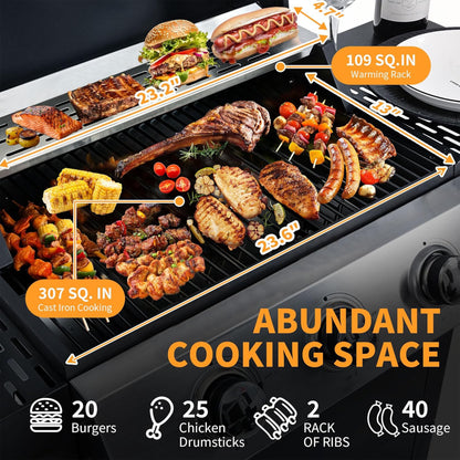 Furnibear 4 Burner BBQ Propane Gas Grill, Stainless Steel 34,000 BTU Patio Garden Barbecue Grill with Two Foldable Shelves