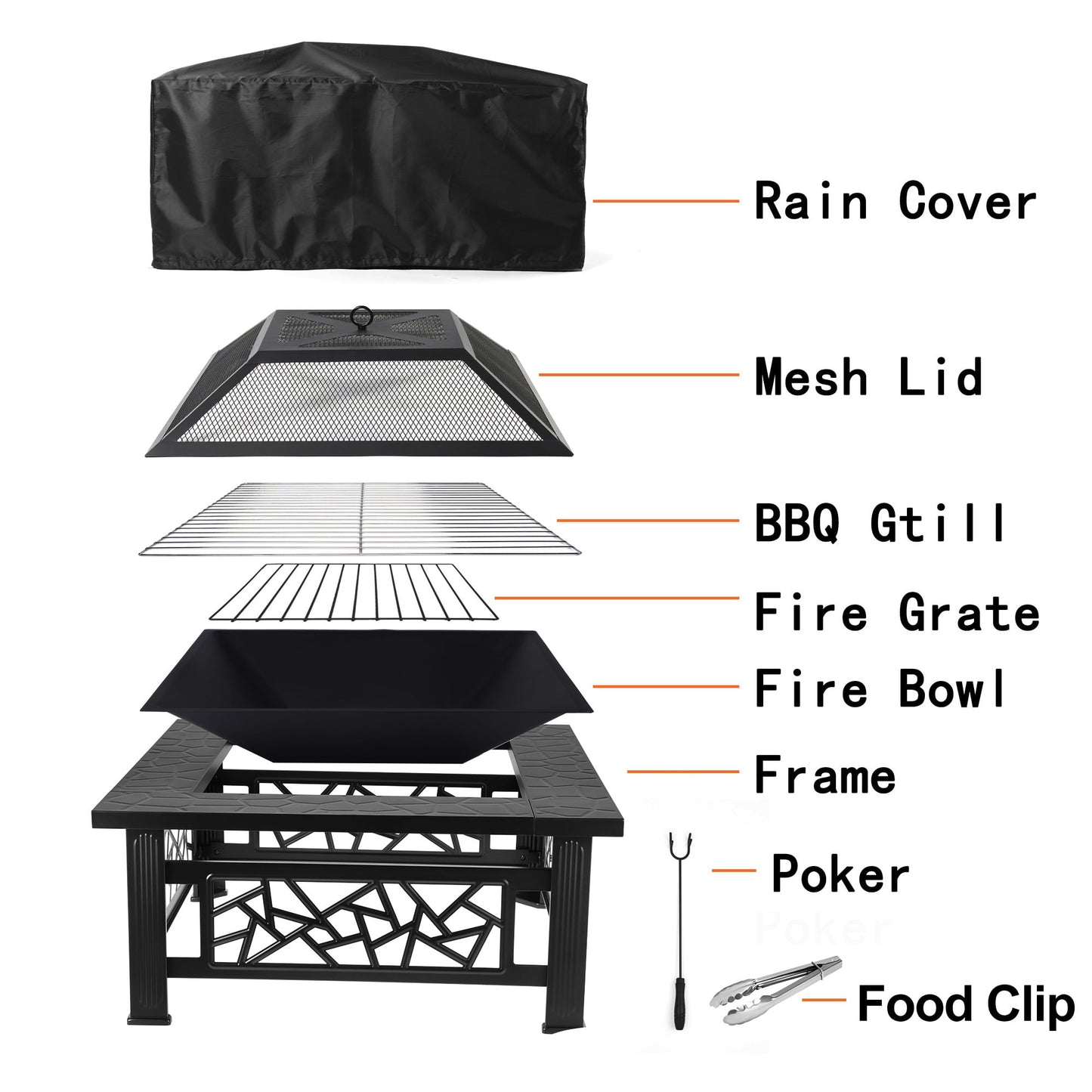 UHOMEPRO Fire Pit for Outside, 32" Square Fire Pit Table with BBQ Net, Mesh Lid, Poker and Cover, Wood Burning Outdoor Heating Fire Pit Stove for Patio, Backyard, Camping, Black