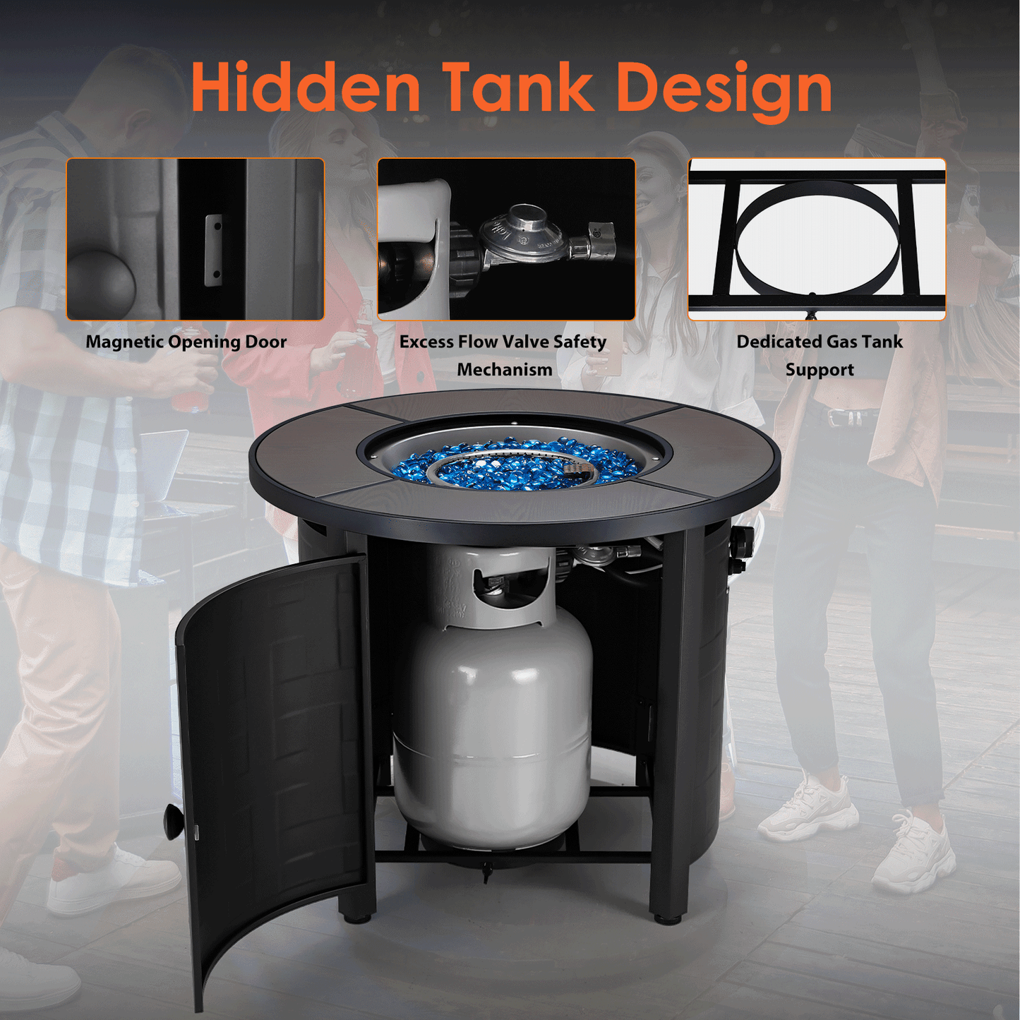 TLGREEN 30" Propane Fire Pit Table with Lid and Blue Stone, 50,000 BTU Auto-Ignition Circular Gas Fire Pit for Outdoor, with CSA Certified