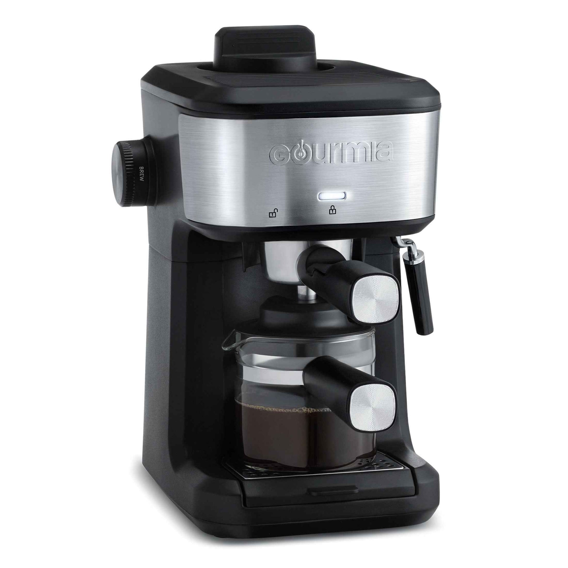 Gourmia 4-Shot Steam Espresso, Cappuccino, and Latte Maker with Frothing Wand, Black, New