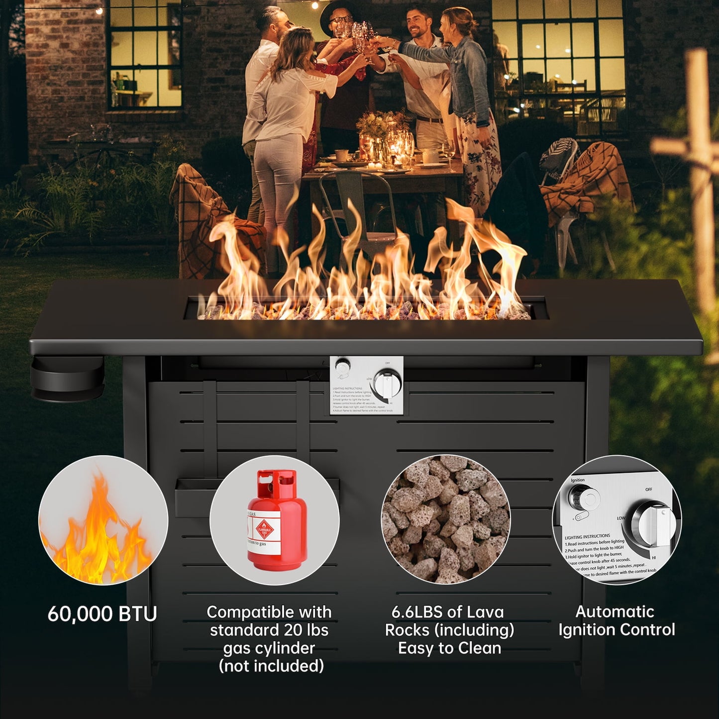 KingChii 45 inch Propane Fire Pit with Lid, Lava Stone, 60,000 BTU Steel Gas Fire Pit Table for Outdoor, Garden, Patio and Backyard, Black