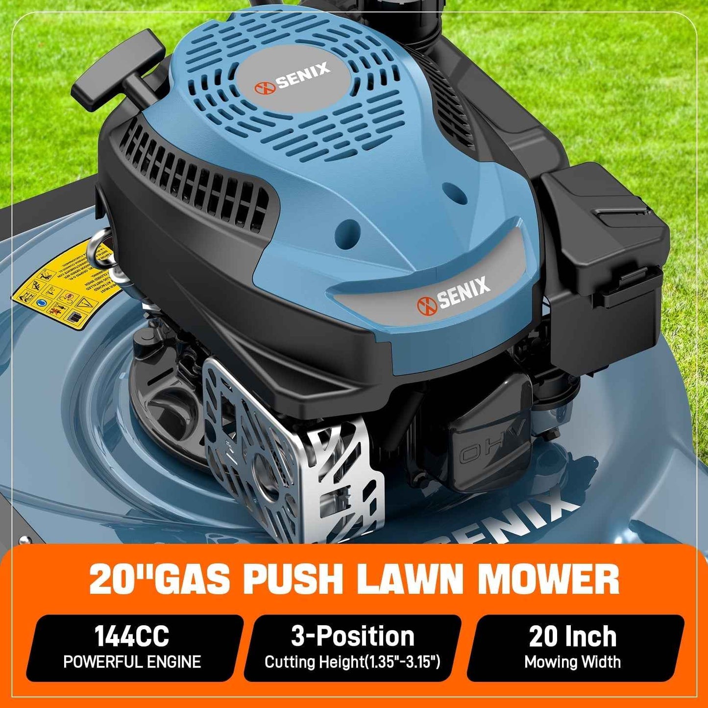 SENIX Gas Lawn mower, 20in Cutting Blade 21in Cutting Deck, 144cc 4-Cycle Engine, Steel Deck with Side Discharge, LSPG-L4