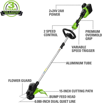 Greenworks 48V (2x24V) 15" Cordless String Trimmer + (2) 2Ah USB Batteries & Dual Port Rapid Charger
