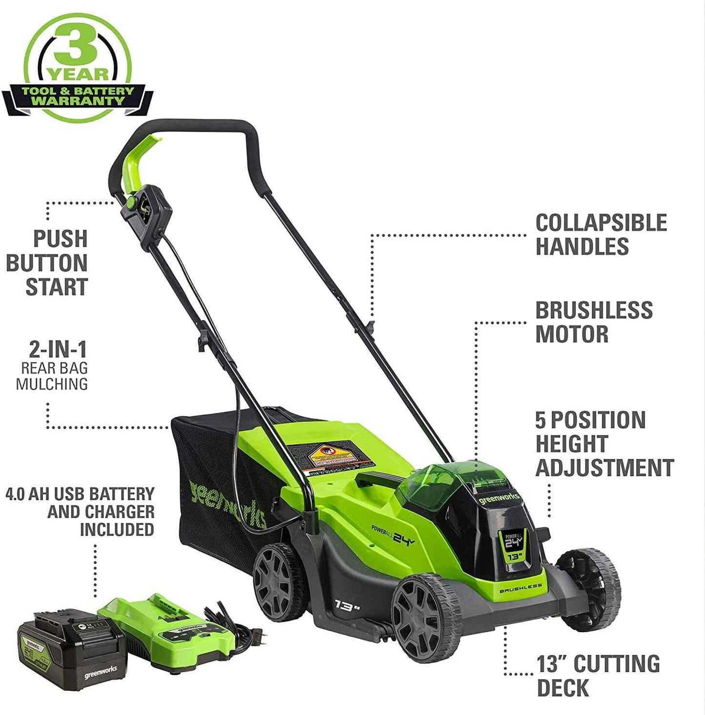 Greenworks 24V 13” Battery Powered Push Walk-Behind Mower, 4Ah USB Battery and Charger Included