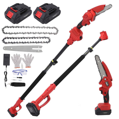 2-in-1 Brushless Cordless Pole Saw,6in + 8in Mini Chainsaw & Pole Saw with 2pcs 2.0A Batteries, 13.6ft Max Reach Brach Tree Saw Telescoping Extension Rod for Wood Tree Trimming Wood Cutting，Red