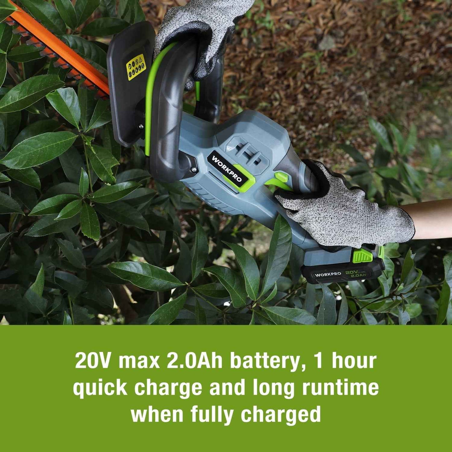 WORKPRO 20V Cordless Hedge Trimmer, 20" Dual Action Blades Electric Hedge Trimmer, with Battery and Charger