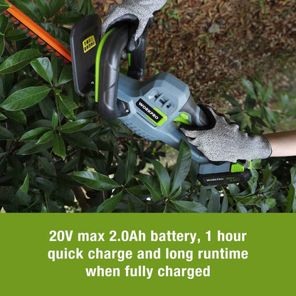 WORKPRO 20V Cordless Hedge Trimmer, 20" Dual Action Blades Electric Hedge Trimmer, with Battery and Charger