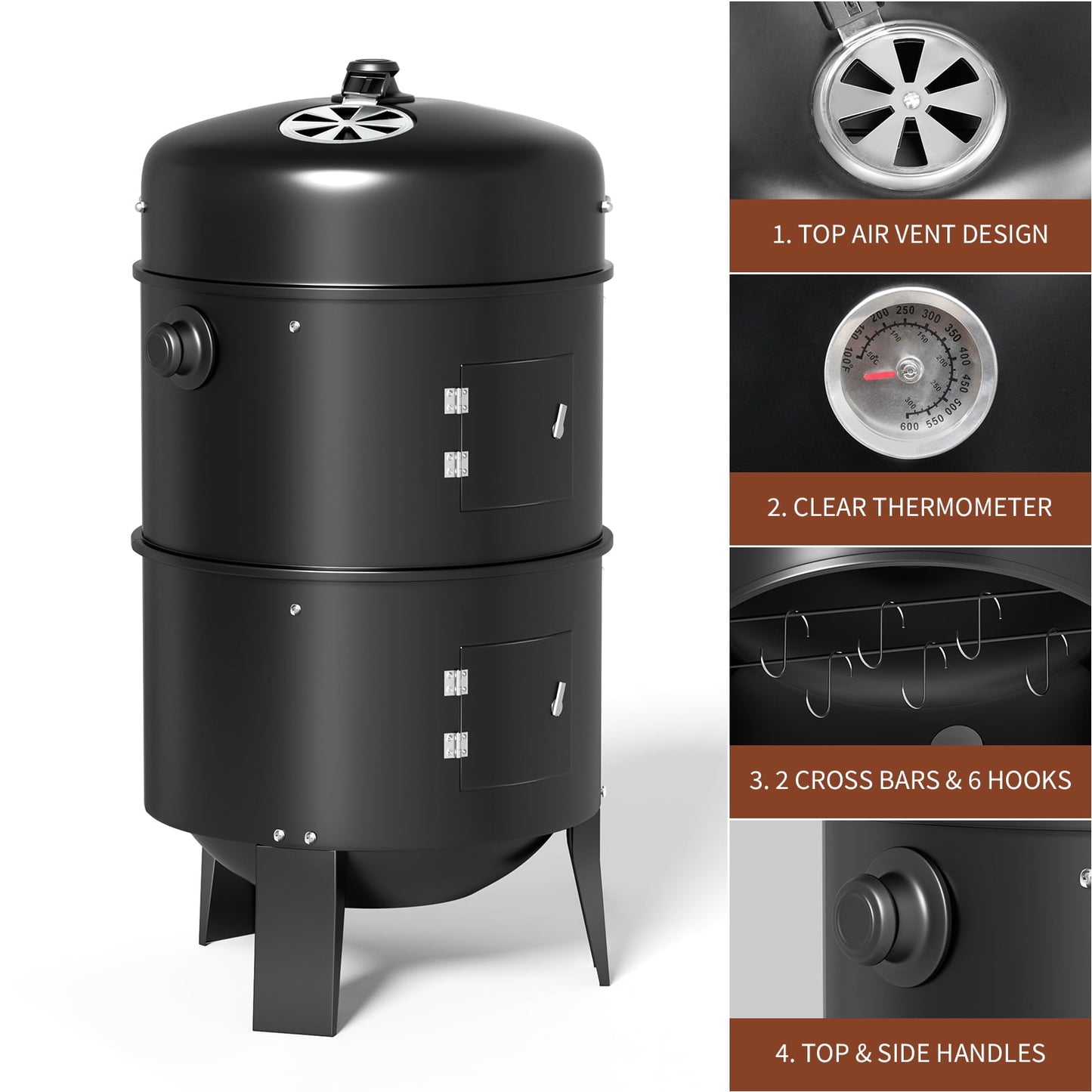 KingChii 3 in 1 Vertical Charcoal Smoker Grill BBQ Smoker for Outdoor, Patio Backyard Camping, Black