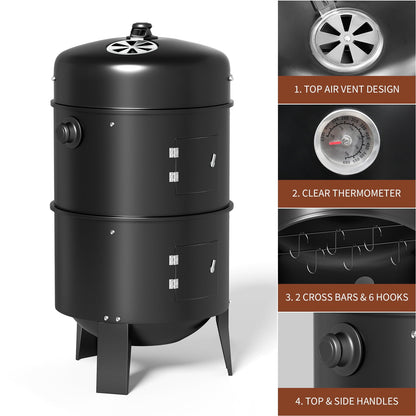 KingChii 3 in 1 Vertical Charcoal Smoker Grill BBQ Smoker for Outdoor, Patio Backyard Camping, Black