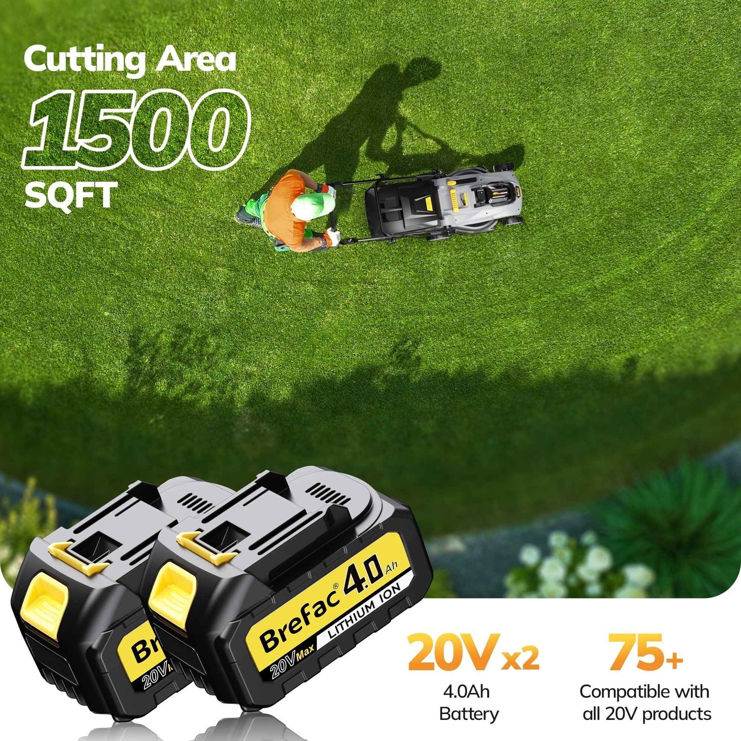 Brefac 40V (2 x 20V) 17'' Cordless Lawn Mower, Multi-Functional Grass Cutter with 4.0Ah Battery, 6 Adjustable Height Settings, Durable Manganese Steel Blades, Easy to Use for Medium to Large Lawn