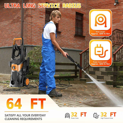 Electric Pressure Washer, 3000PSI Max 2.4 GPM Power Washer with 32 Ft Hose 32 Ft Power Cord, 4 Quick Connect Nozzles, Foam Cannon, Suitable for Clean Cars, Patios, Driveways, Fences, Pool