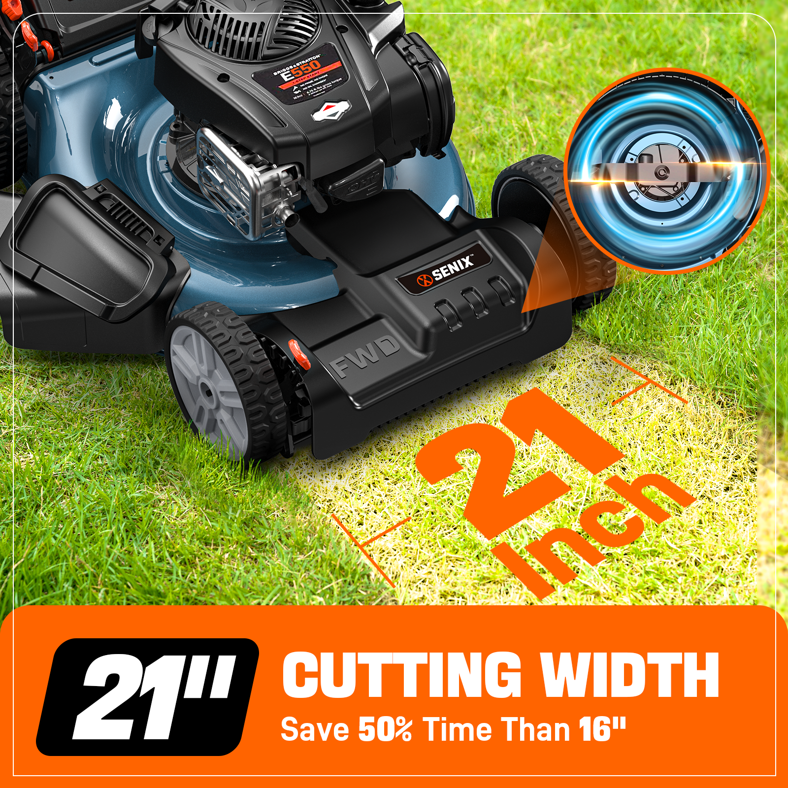 SENIX Self-Propelled Gas Lawn Mower 21in Cuttting Blade 22in Cutting Deck, 150 cc 4-Cycle Made in USA Briggs & Stratton Engine Push Mower, 3-In-1, 6-Height Adjustment, 11-In Rear Wheels, LSSG-M1