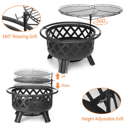 Singlyfire 30 inch Fire Pit for Outside 2 in 1 BBQ Wood Burning Fire Pit for Outdoor Camping Large Fire Pit Wood Bowl Firepit with Grate Spark Screen Log Grate