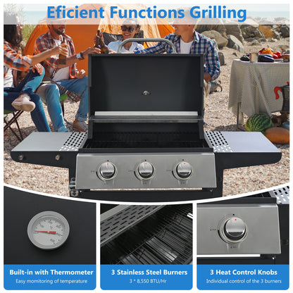 Segmart 3 Burner BBQ Propane Gas Grill, Stainless Steel 25,650 BTU Patio Garden Barbecue Grill with Side Tables, Bottle Opener & Thermometer, Perfect for Camping, Outdoor Cooking