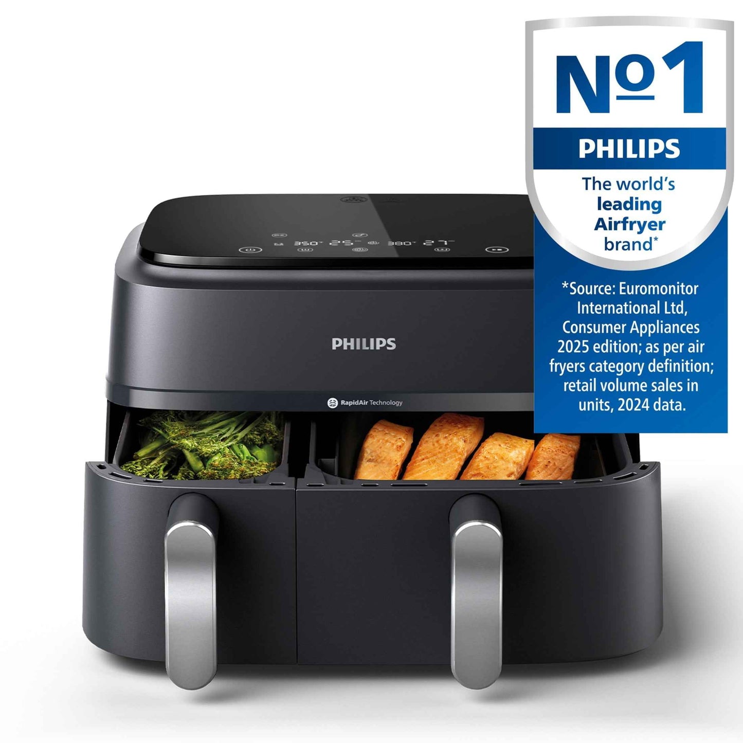 Philips 3000 Series Dual-Basket Airfryer, 9.5 Qt (9L) Capacity, Black, Silver Handles