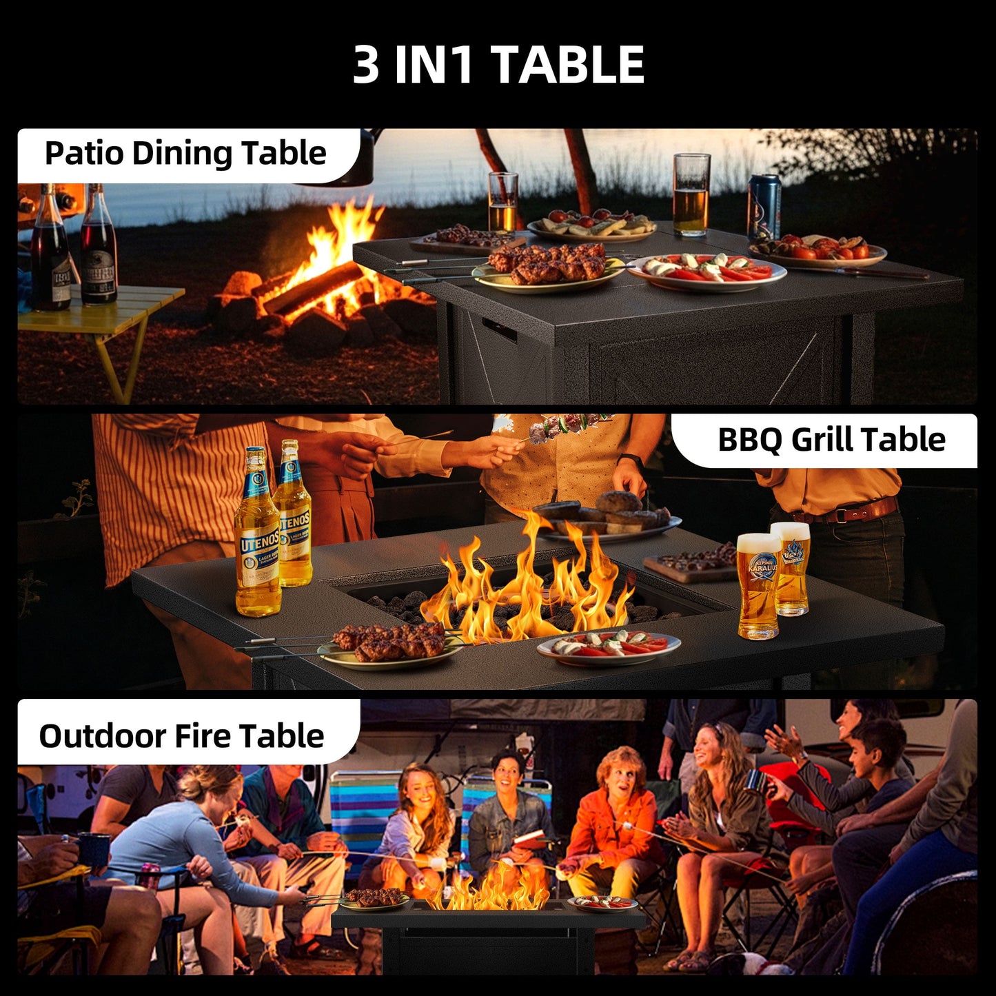 LHRIVER 28" Outdoor Propane Fire Pit Table, 40000 BTU  Steel Gas Fire Pit with Removable Lid, Lava Rocks & Rain Cover