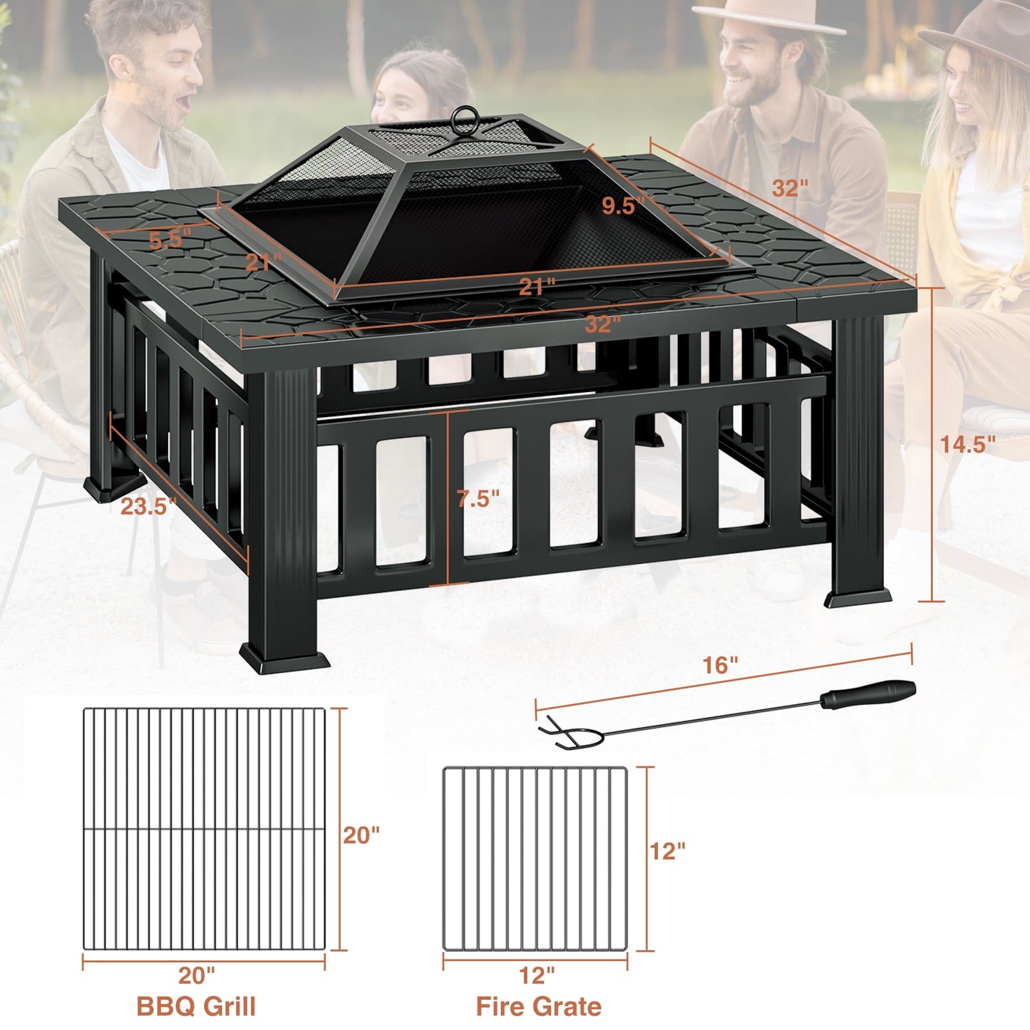 KingChii 32" Fire Pit Table Wood Burning Square Metal Firepit for Outdoor, Patio Backyard BBQ with Mesh Lid, Poker and Cover, Black