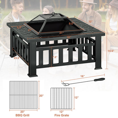 KingChii 32" Fire Pit Table Wood Burning Square Metal Firepit for Outdoor, Patio Backyard BBQ with Mesh Lid, Poker and Cover, Black