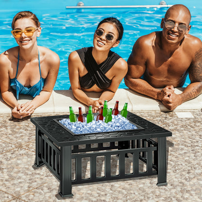 KingChii 32" Fire Pit Table Wood Burning Square Metal Firepit for Outdoor, Patio Backyard BBQ with Mesh Lid, Poker and Cover, Black