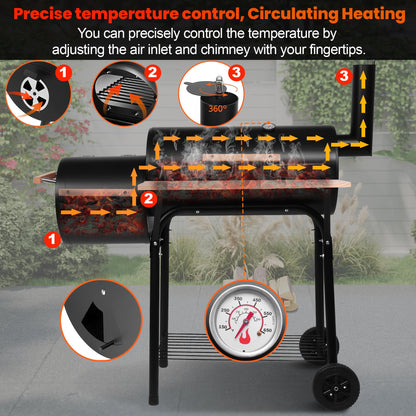 Seizeen Charcoal Grill w/Smoker, Outdoor BBQ Grill with Side Table, Portable Offset Smoker W/2-Zone Area