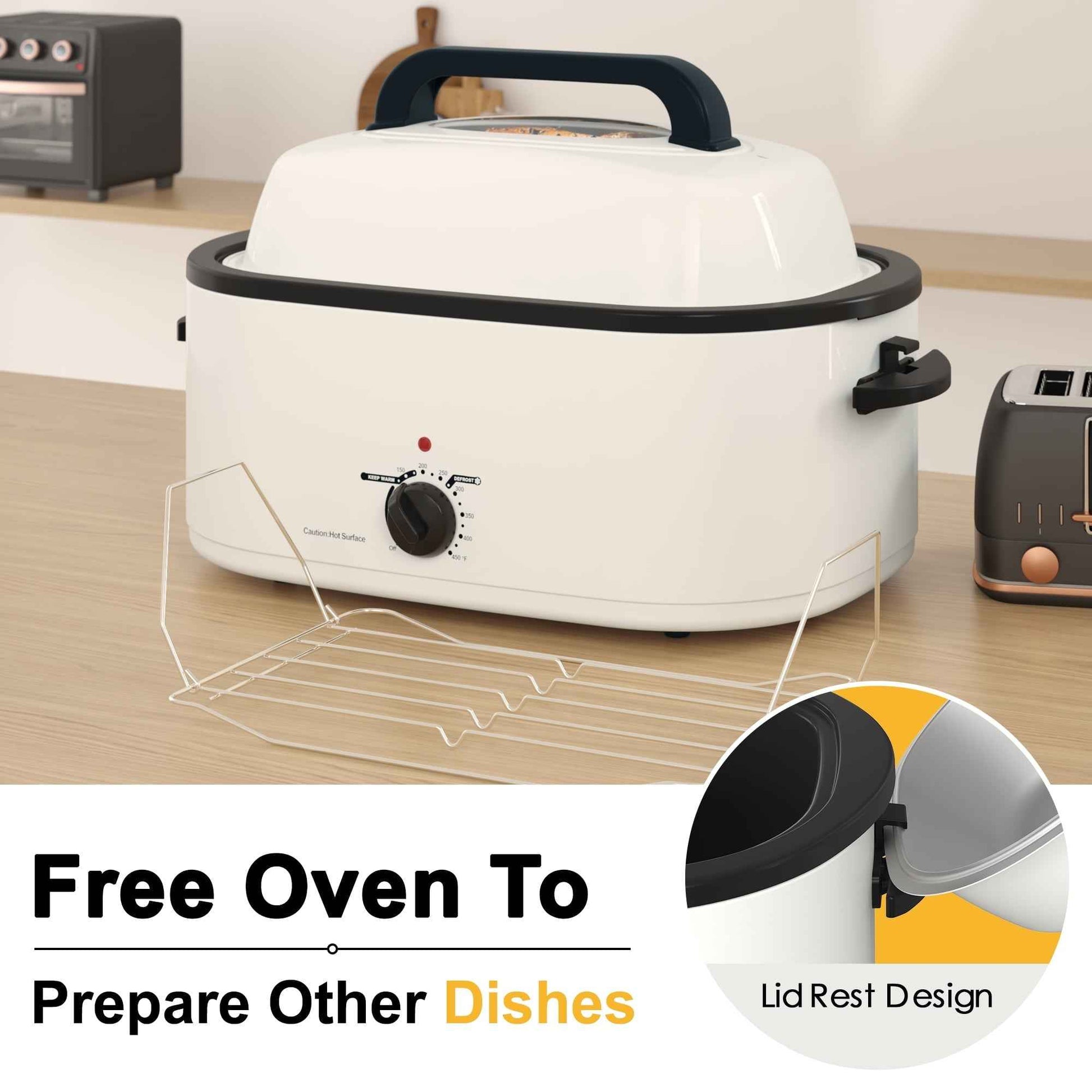 RoyalCraft 22 Quart Electric Turkey Roaster Oven with Visible Glass Lid, with Removable Pan & Rack, Stainless Steel, White