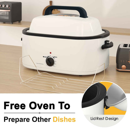 RoyalCraft 22 Quart Electric Turkey Roaster Oven with Visible Glass Lid, with Removable Pan & Rack, Stainless Steel, White