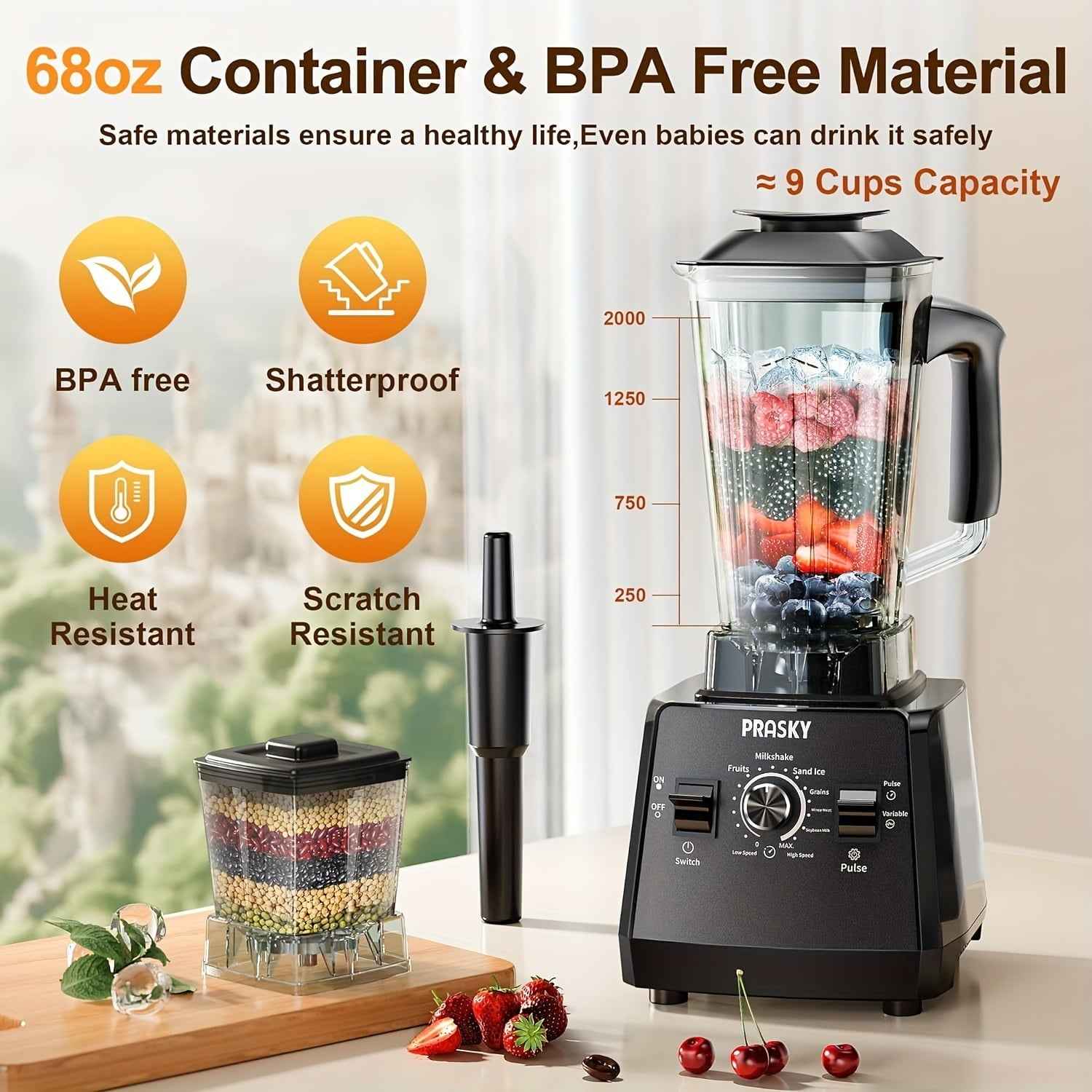 Food Processor Professional Blender, Smoothies Blender, Max.2400W Sorbet Blender And Grinder Combo 25000RPM Powerful Blenders Kitchen 68oz 2 Containers Countertop Blenders Ice, Grinding
