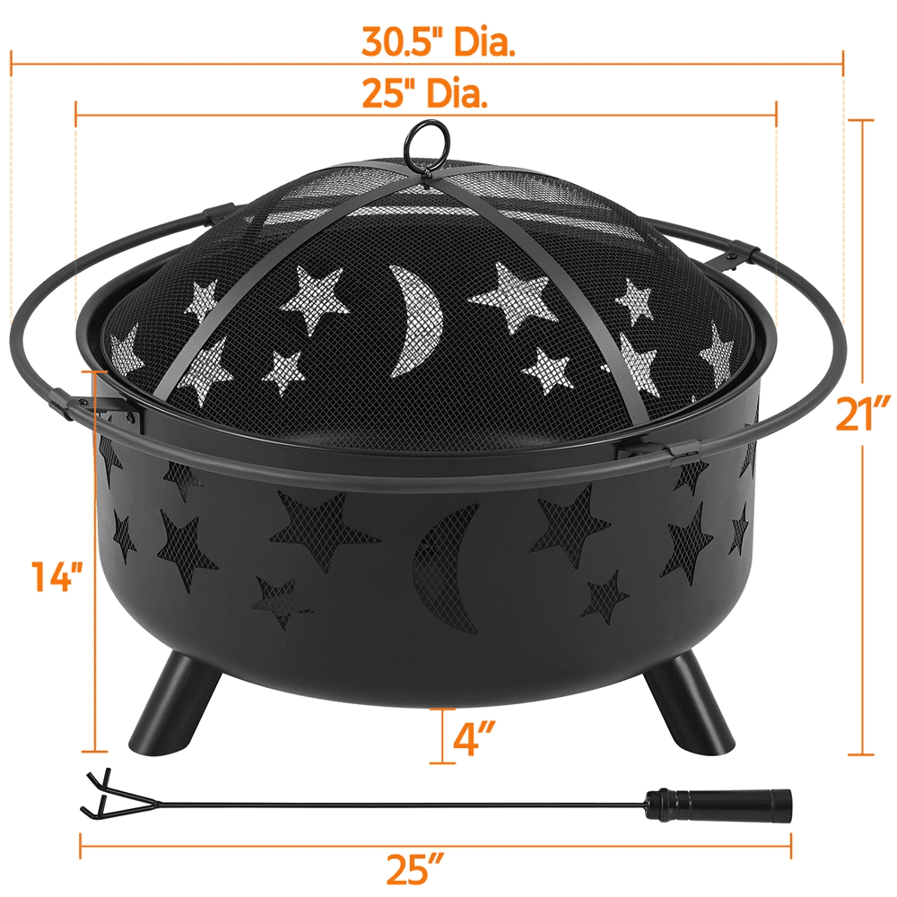 Yaheetech 30'' Outdoor Iron Round Fire Pit, Black, Wood