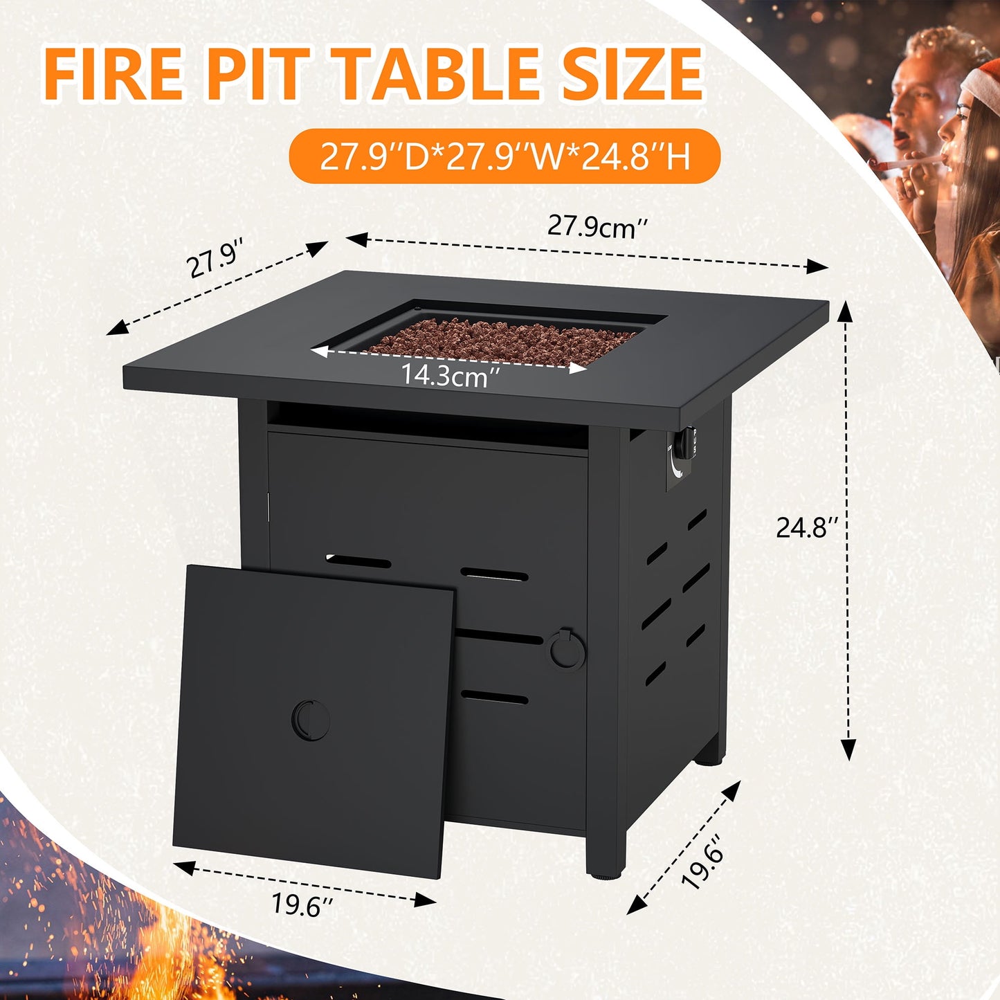 Walsunny 28 Inch Propane Gas Fire Pit Table 40000 BTU with Lid Square Firepit Table Lava Rock Fire Table with Waterproof Cover