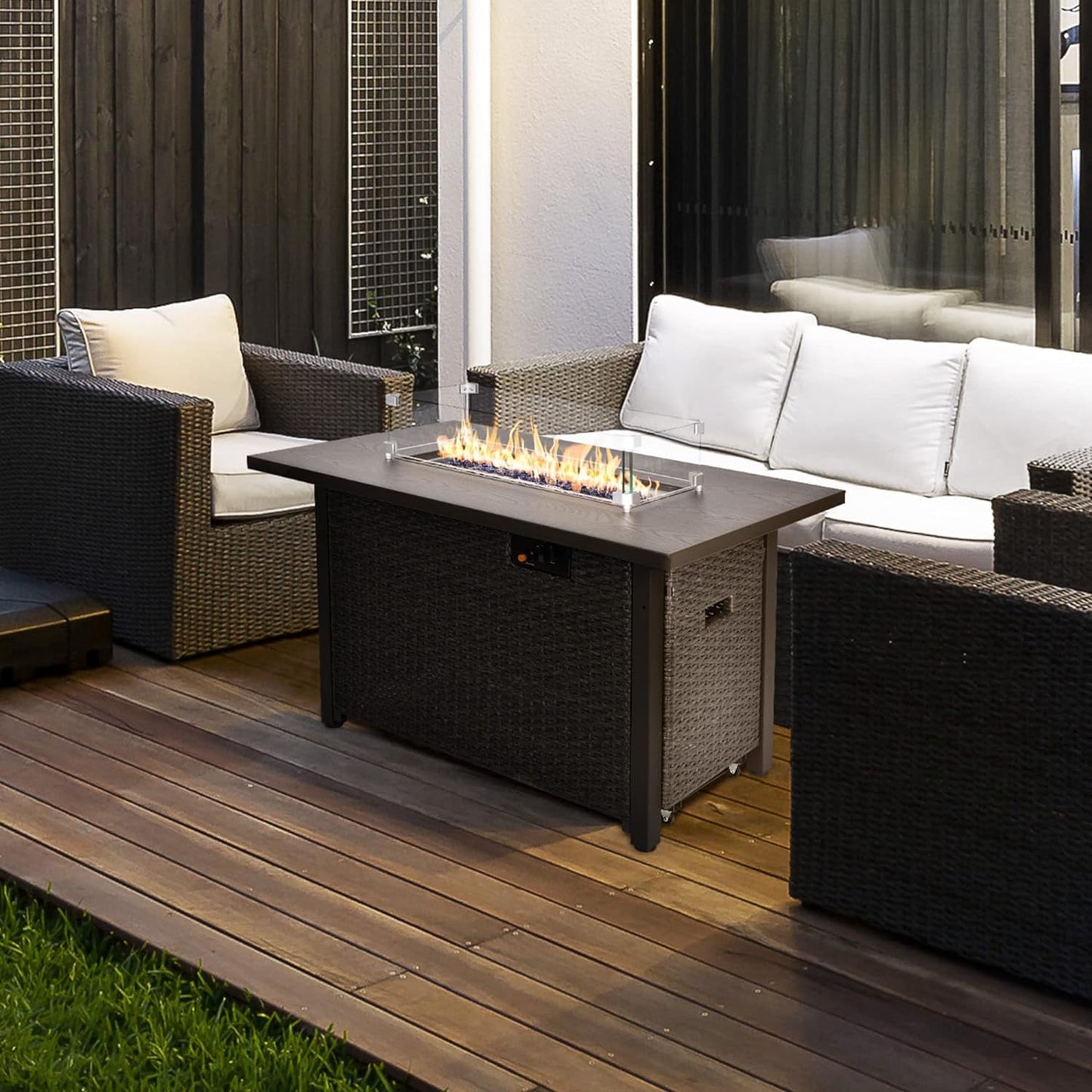 Phonjoroo Fire Pit Table 42 in Outdoor Propane Gas Fire Pit for Outside 50,000 BTU Auto-Ignition Gas Firepit Outdoor Rattan Table with Glass Wind Guard and Cover