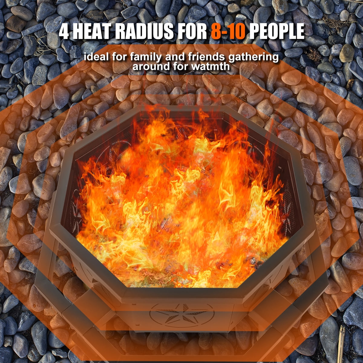 MistMo Octagon Wood Fire Pit, 35" Metal Outdoor Firepit for Patio Party Black