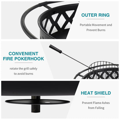 JolyDale 30 inch Outdoor Fire Pit with Cooking 2 in 1 Grate Wood Burning Firepit Steel Firepit Bowl with Swivel BBQ Grill, Poker for Backyard, Garden
