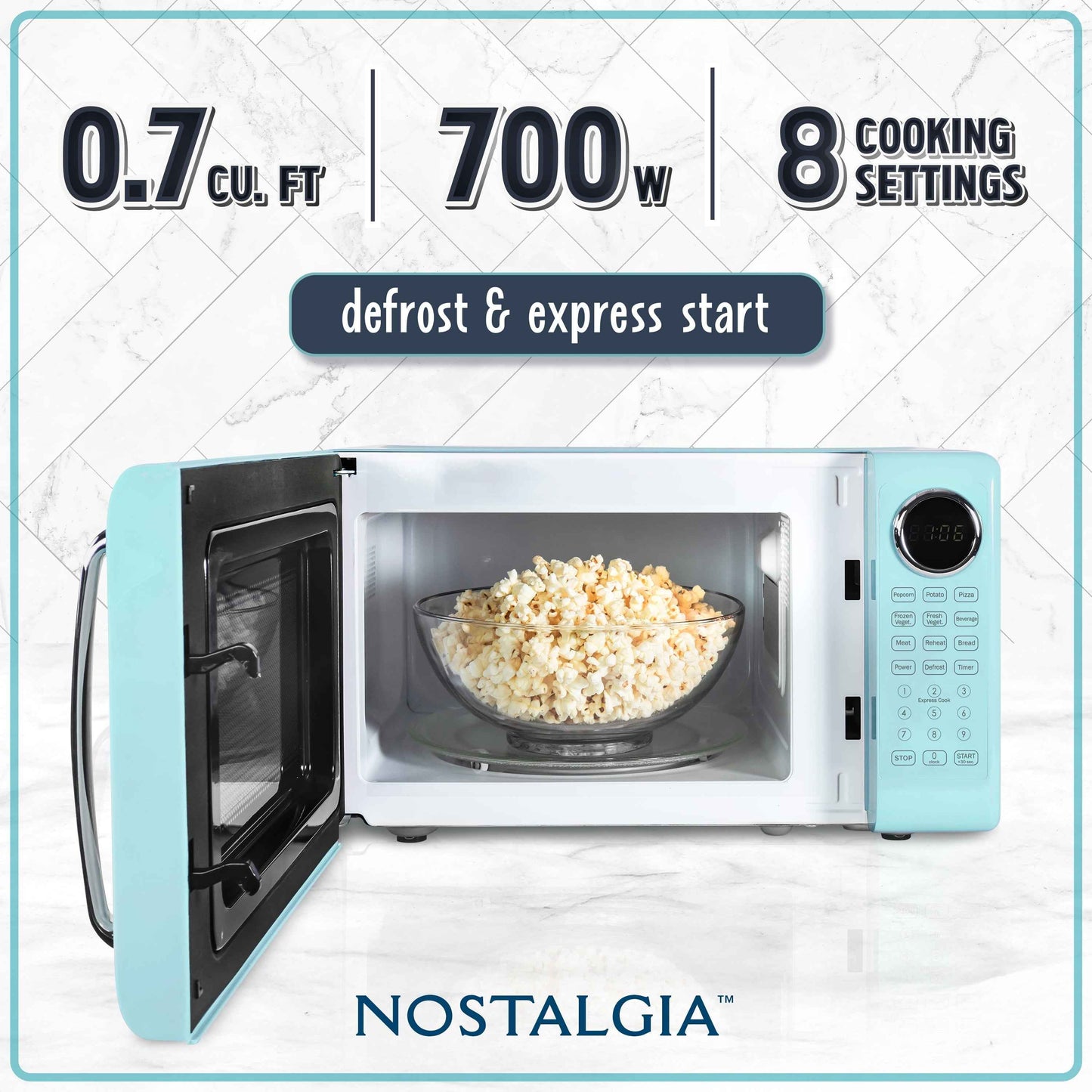 Nostalgia Retro Microwave Oven - 0.7 Cu Ft & 700-Watt Countertop Microwave with Glass Turntable, Child Safety Lock, 8 Auto-Cook Programs & Digital Clock - Aqua