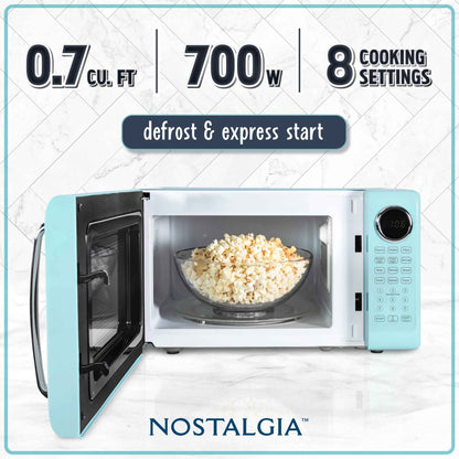 Nostalgia Retro Microwave Oven - 0.7 Cu Ft & 700-Watt Countertop Microwave with Glass Turntable, Child Safety Lock, 8 Auto-Cook Programs & Digital Clock - Aqua