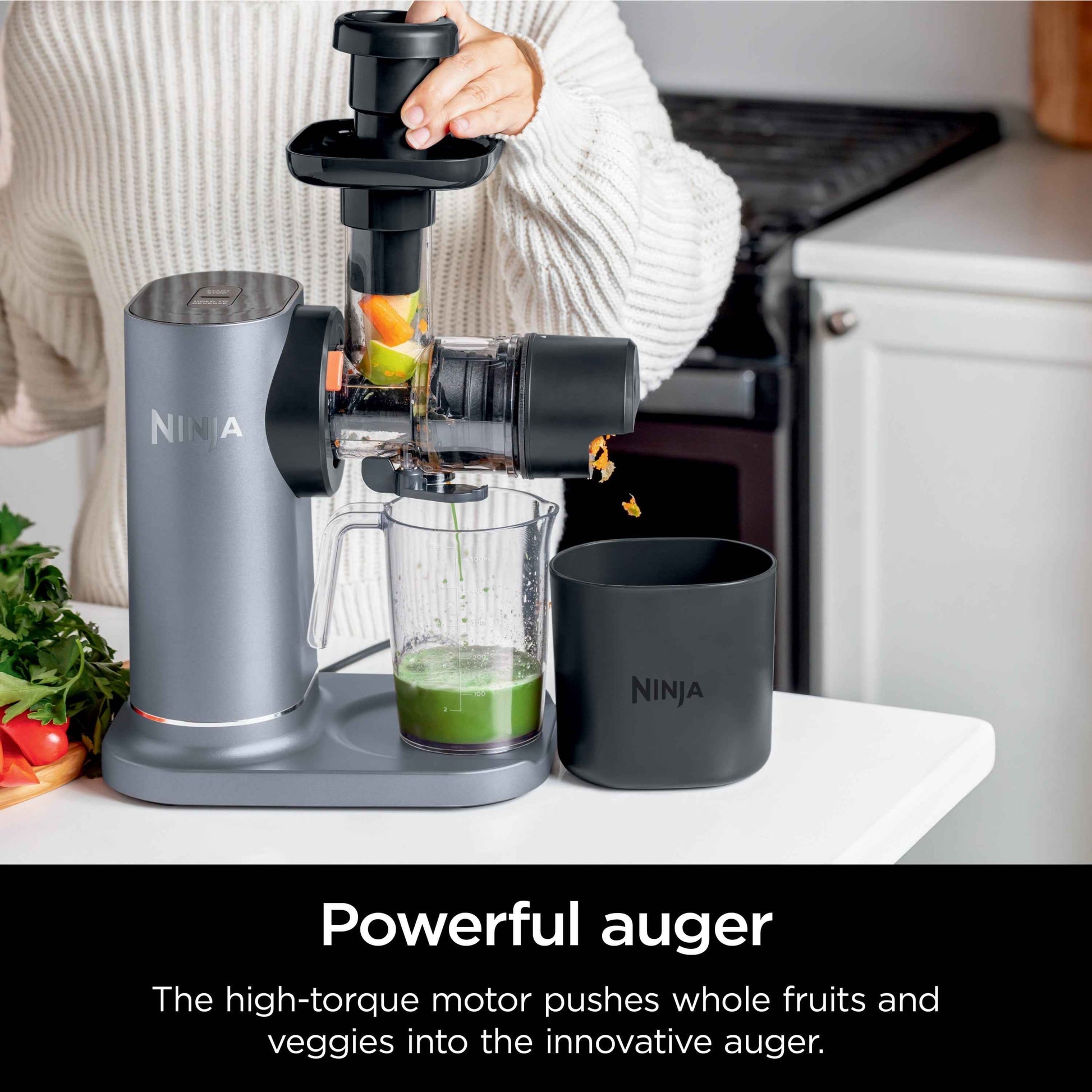 Ninja NeverClog 150 Watts Cold Press Juicer with 18oz Jug, 30oz Pulp Container, 2-Speed, Compact