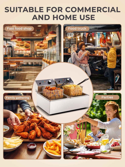 Commercial Deep Fryer with Basket, 3400W 12.7QT/12L, Detachable Large Capacity Stainless Steel Countertop Electric Oil Fryer with Temperature Control for Restaurant or Home Use