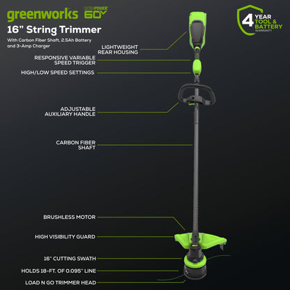 Greenworks 60V 16" Front Mount Carbon Fiber String Trimmer, 750 CFM at 180 mph Blower Kit + 2.5Ah Battery & 3A Charger