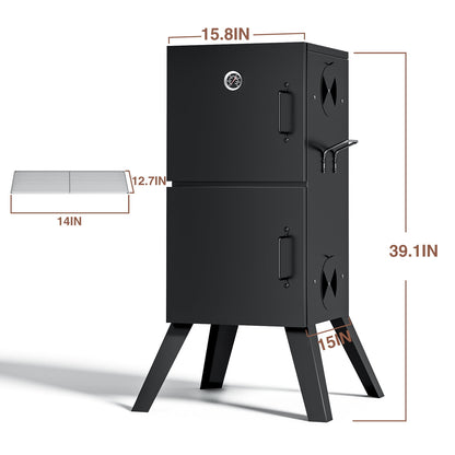 Kingchii Vertical Charcoal Smoker BBQ Grill with Built-in Thermometer, Portable Smoker for Backyard, Camping, Barbecue, and Outdoor Grilling