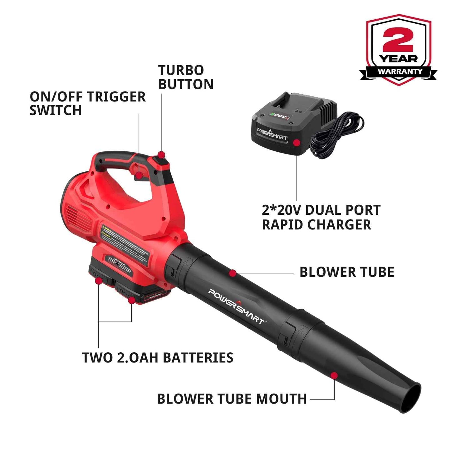 PowerSmart 40V Cordless Leaf Blower, 450 CFM 130 mph, Includes 2 x 2.0Ah Batteries & Chargers