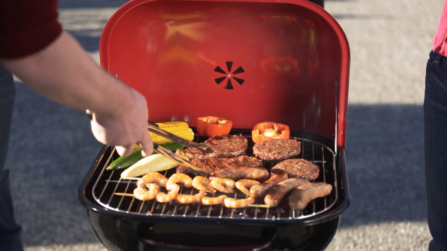 Americana Walk-A-Bout Charcoal Original Square Grill-100% Pre-Assembled Portable Steel, Red