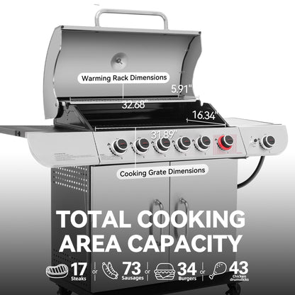Royal Gourmet SG6002 Classic 6-Burner 71000-BTU LP Gas Grill with Sear Burner and Side Burner, Stainless Steel