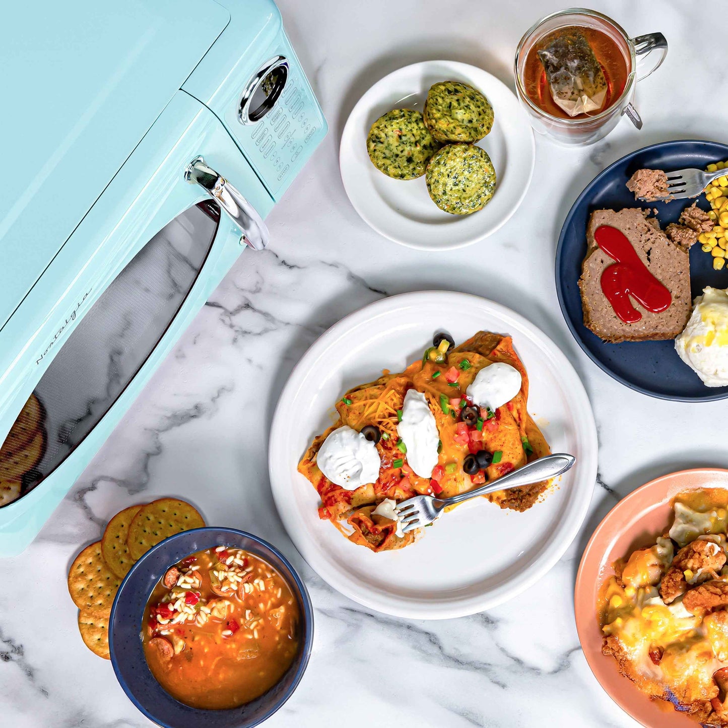 Nostalgia Retro Microwave Oven - 0.7 Cu Ft & 700-Watt Countertop Microwave with Glass Turntable, Child Safety Lock, 8 Auto-Cook Programs & Digital Clock - Aqua