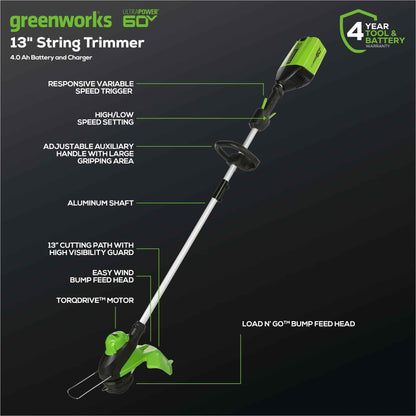Greenworks 60V 13" String Trimmer, 140 MPH 540 CFM Leaf Blower Combo + 4Ah Battery & Charger 1303302