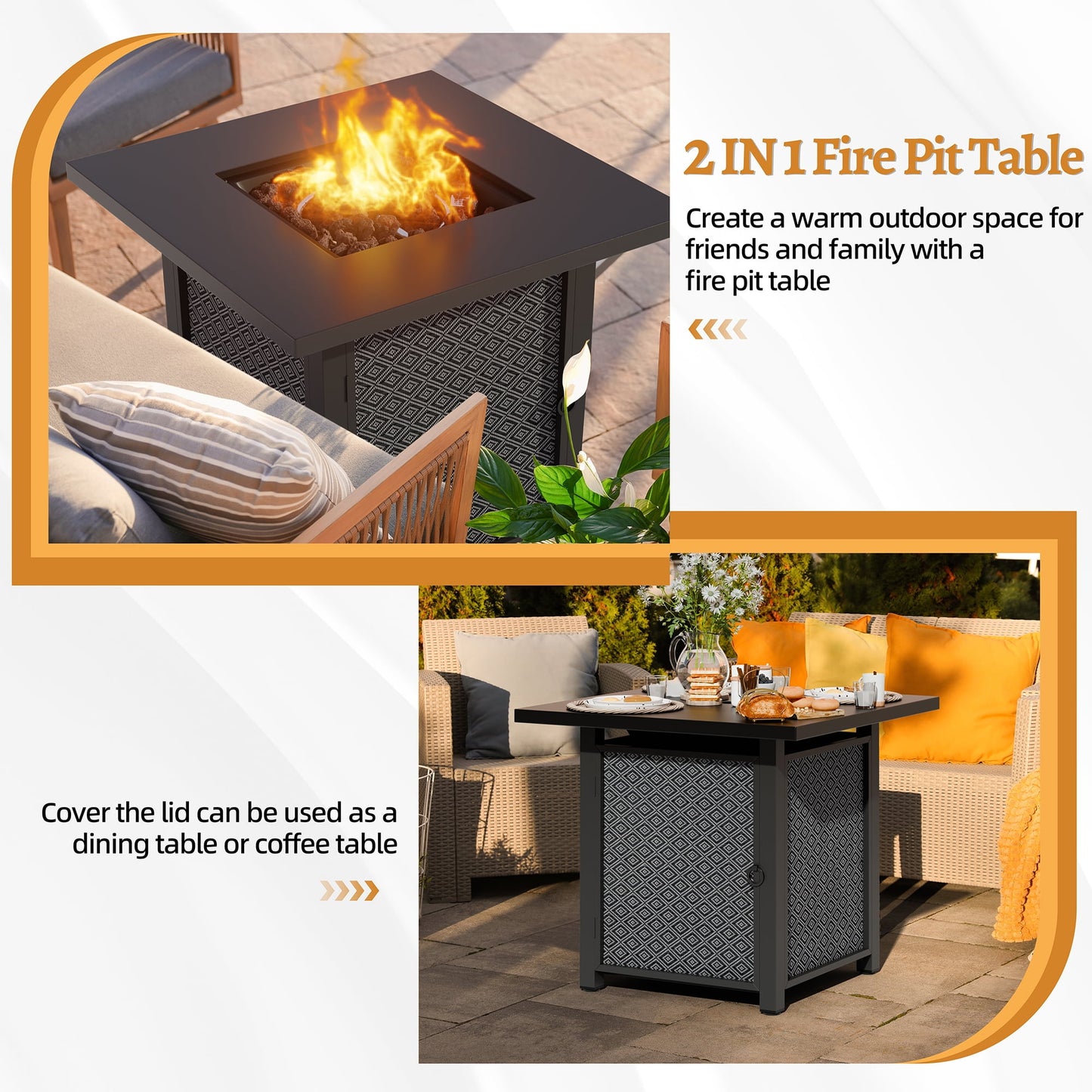Walsunny 28" Propane Fire Pit Table Outdoor Gas Fire Pit with Lava Rocks 50,000 BTU Square Fire Table with Lid,Waterproof Cover