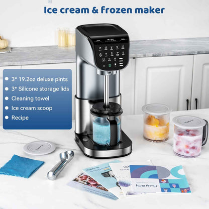 Ice Cream Maker, 11-in-1 Frozen Treat Maker for Gelato, Sorbet, Milkshakes, Mix-ins, 3 pcs 19oz Pints, Brushless Motor, Ice Cream Recipes (Silver)