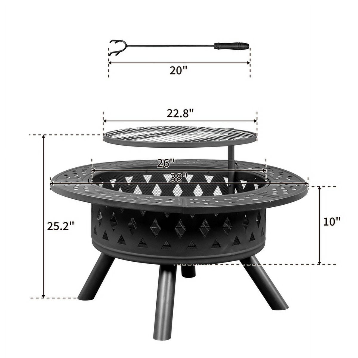 YDLW 38 inch Fire Pit for Outside 2 in 1 BBQ Wood Burning Fire Pit for Outdoor Camping Large Fire Pit Wood Bowl Firepit with Grate Spark Screen Log Grate