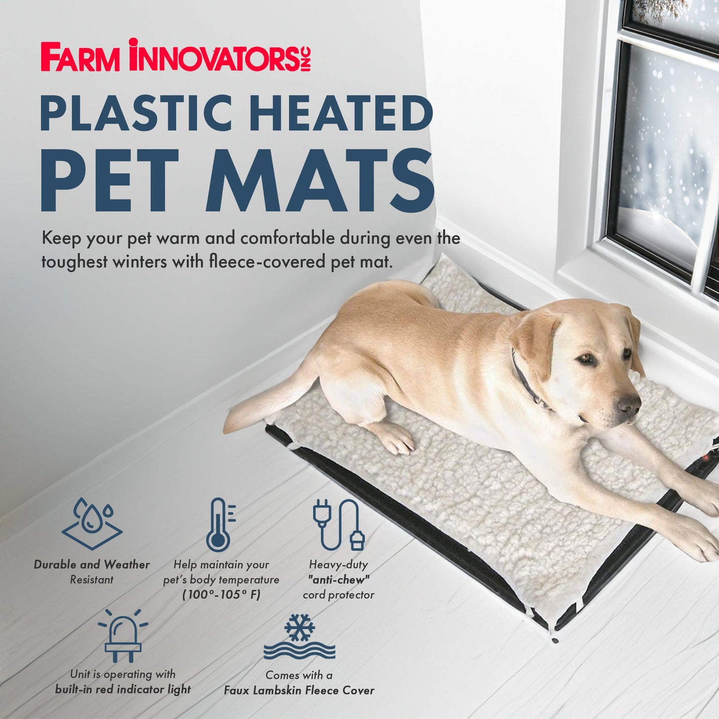 Farm Innovators HM-100L Large Plastic Heated Pet Mat with Fleece Cover, 100 Watt