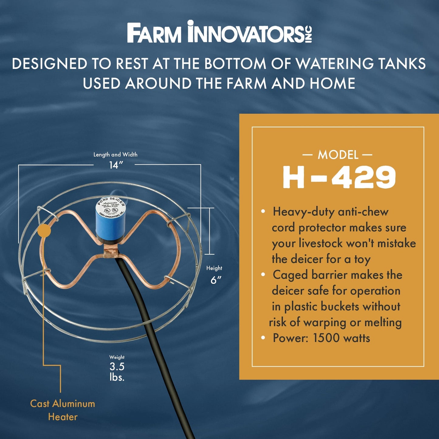 Farm Innovators H-429 1500 Watt Cast Aluminum Submergible Water Deicer