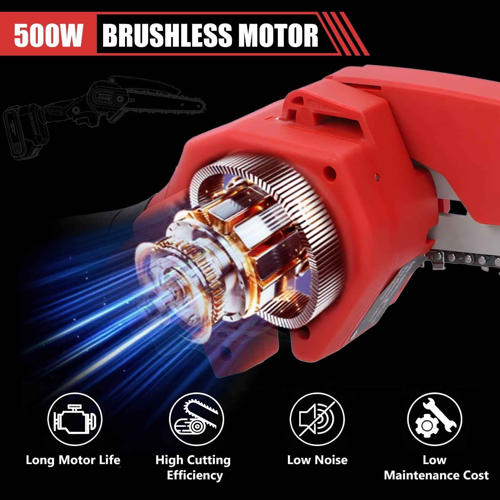 2-in-1 Brushless Cordless Pole Saw,6in + 8in Mini Chainsaw & Pole Saw with 2pcs 2.0A Batteries, 13.6ft Max Reach Brach Tree Saw Telescoping Extension Rod for Wood Tree Trimming Wood Cutting，Red